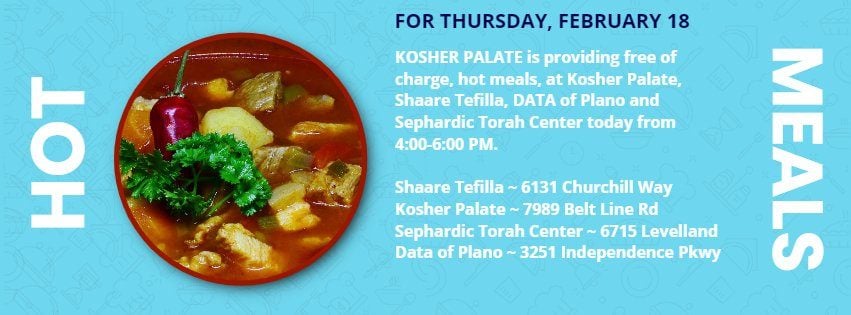 Hot Meals for Thursday, February 18, from Kosher Palate 1 Hot Meals for Thursday, February 18, from Kosher Palate 1