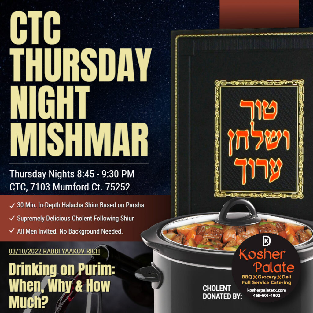 CTC Thursday Night Mishmar for Thur., March. 10, 2022. Drinking on Purim: When, Why & How Much