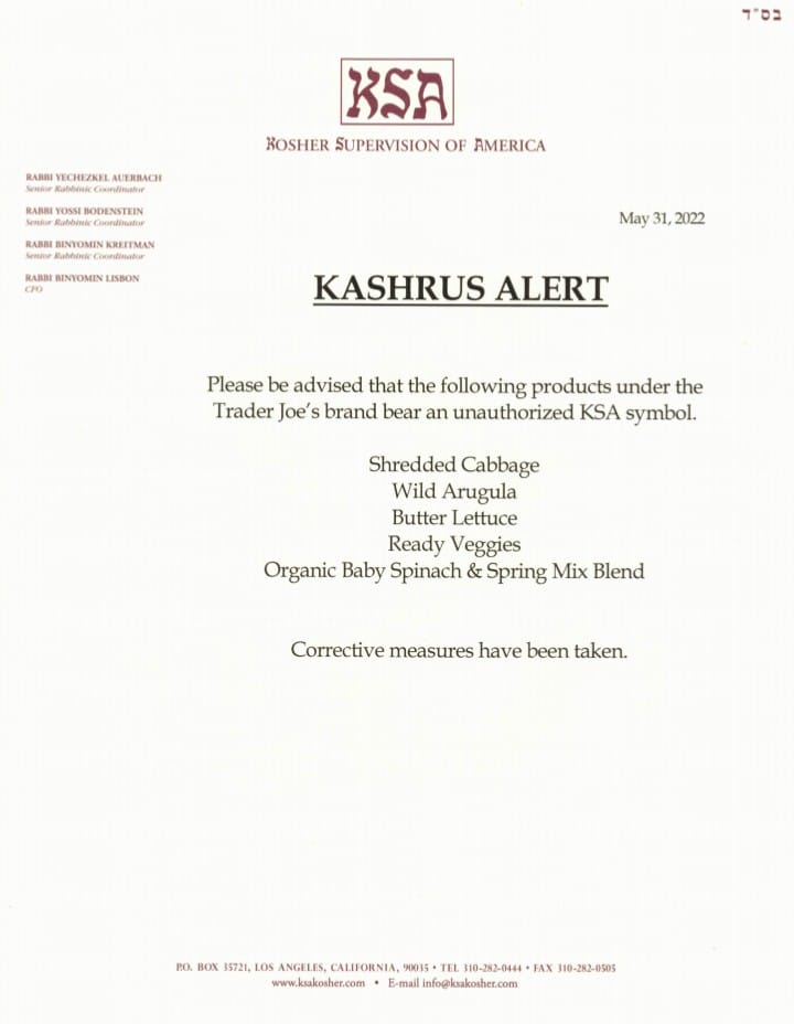 Kashrus Alert from KSA for Trader Joes 1