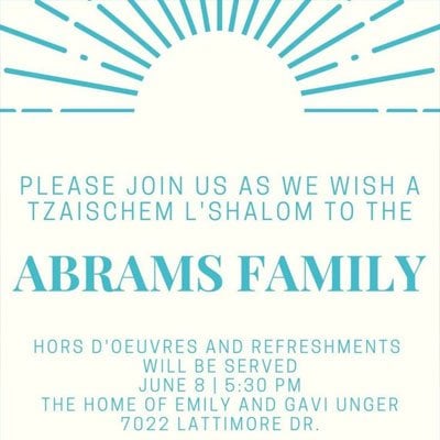 A Tzaischem L’Shalom to Rabbi Shlomo & Hudy Abrams & Family