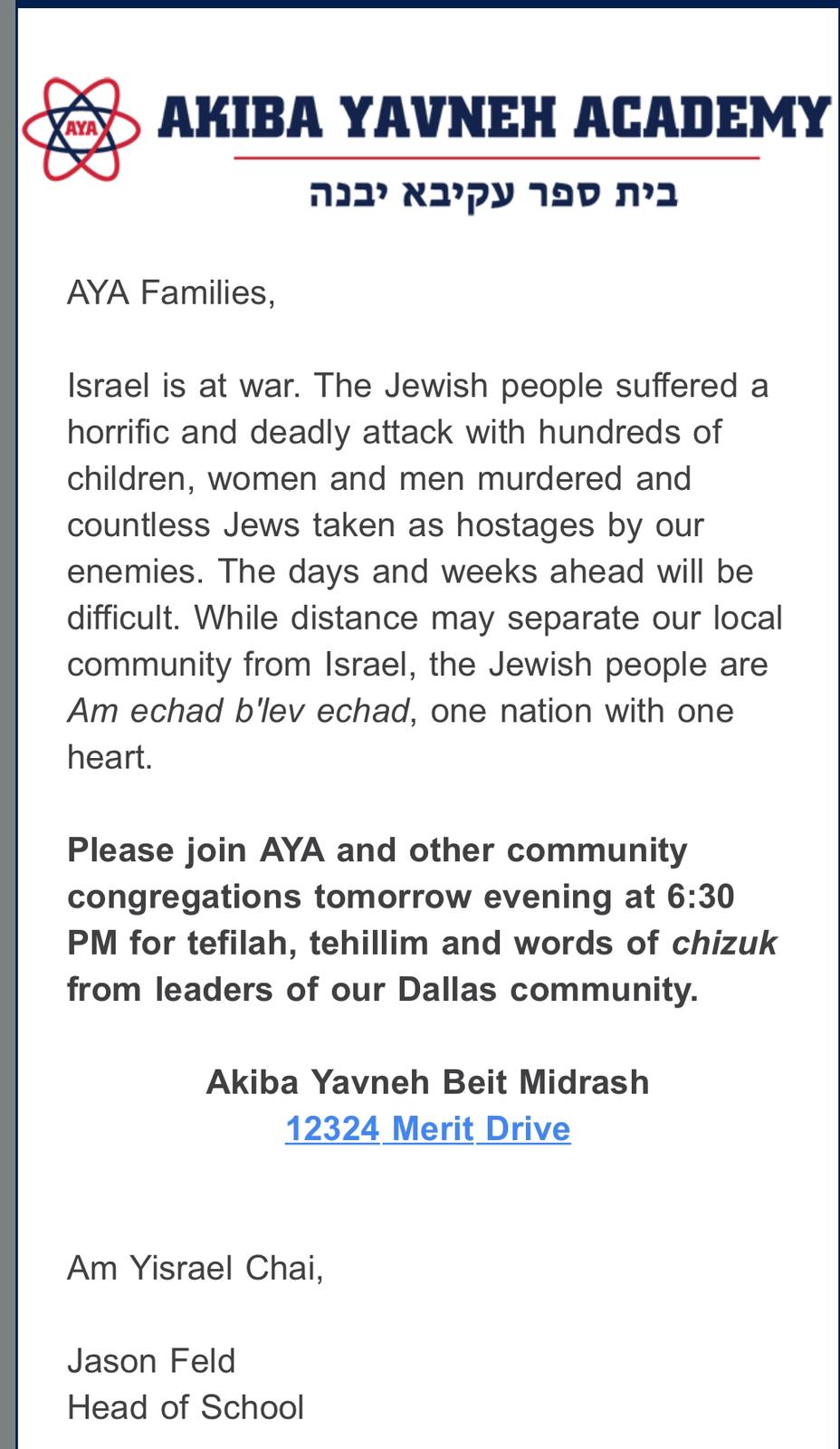 Daven for Israel: Community Unity in the Dallas Metroplex Mon, Oct 9, 2023 4