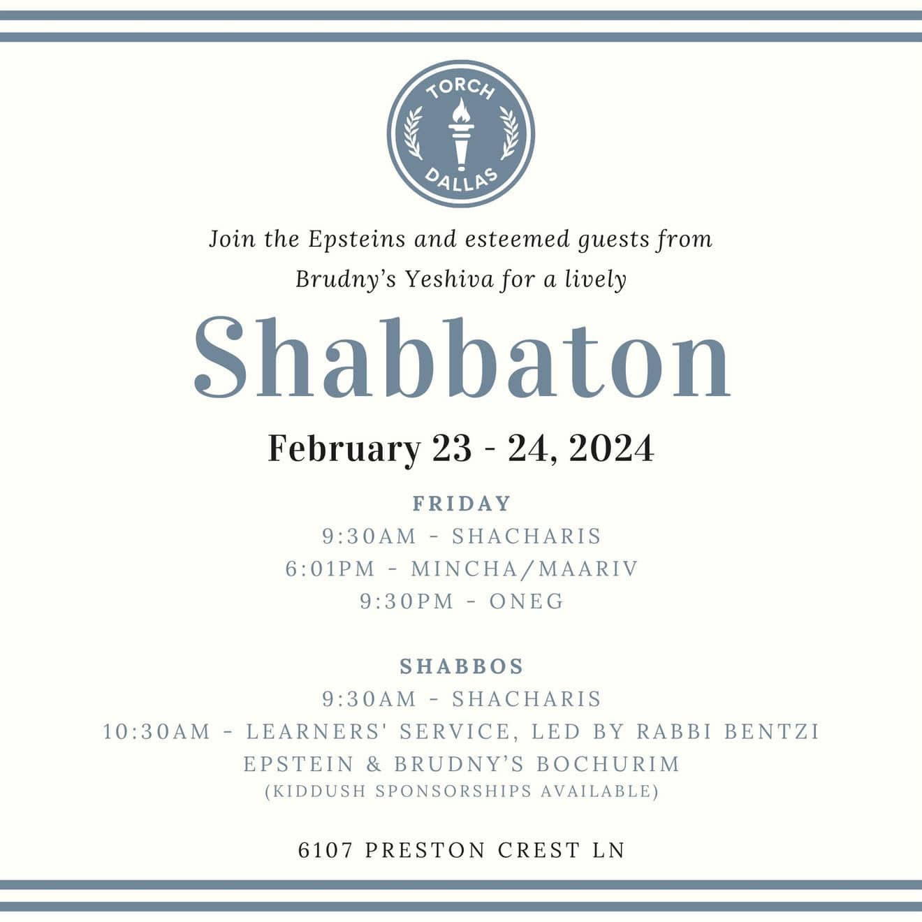 TORCH Dallas Shabbaton at the Epstein’s this week! 1