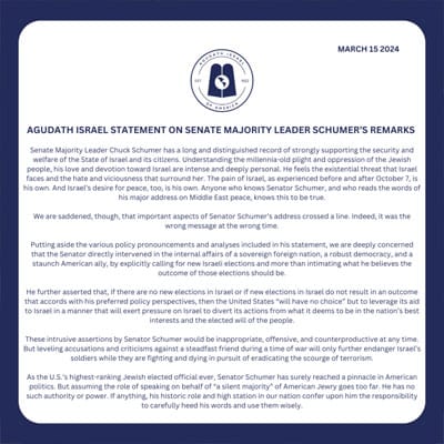 Agudath Israel Statement on Senate Majority Leader Schumer’s Remarks