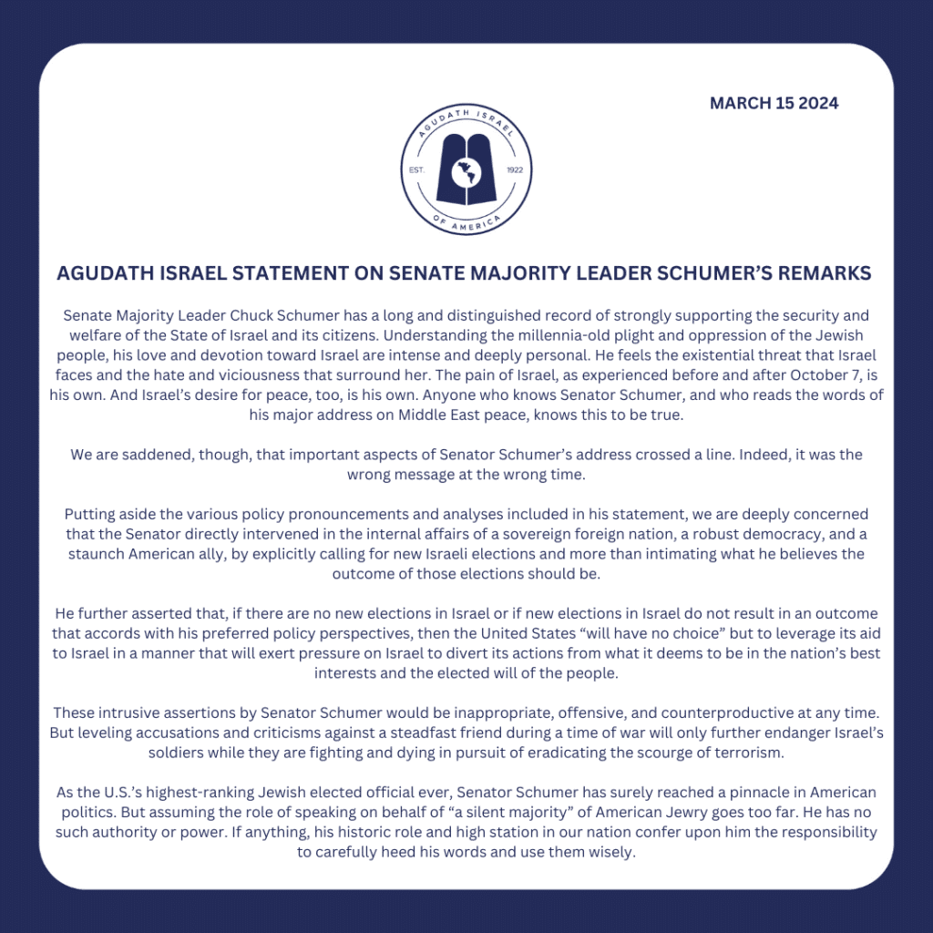 Agudath Israel Statement on Senate Majority Leader Schumer's Remarks