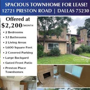 Spacious Townhome for Lease: 12721 Preston Road, Dallas 75230 5 Townhome
