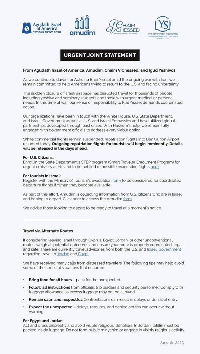 Urgent Joint Statement from Agudath Israel of America, Amudim, Chaim V'Chessed, and Iggud Yeshivos