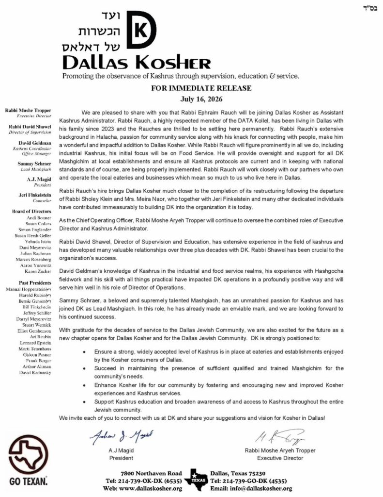 Rabbi Rauch Press Release page